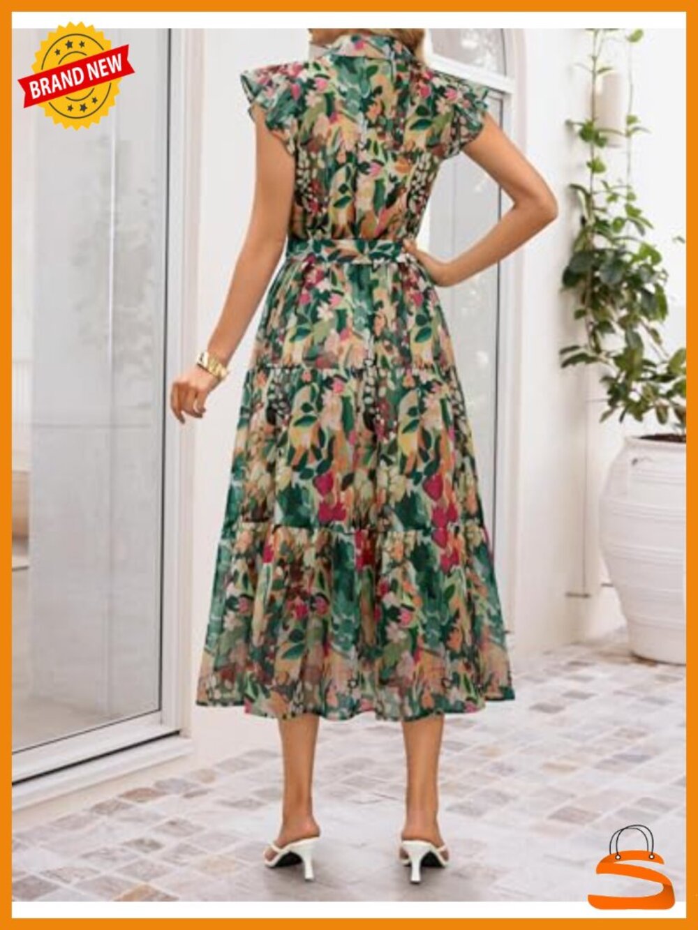 Floral Midi Dress Flutter Short Sleeve Chiffon Button Down A-Line Pleated - Picture 4 of 6